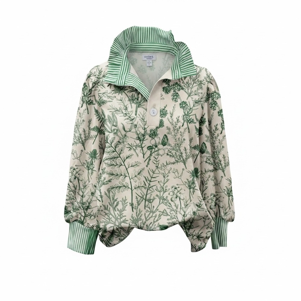 Botanical Herbal Print Long Sleeve Top Green Striped Accents Womens Medium